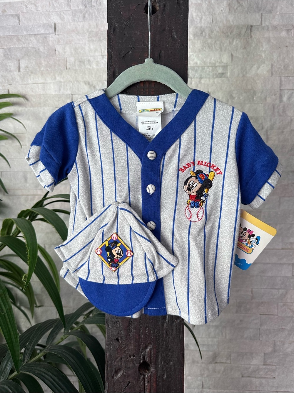 Disney Babies Vintage Mickey Blue & Gray Pinstripe Baseball Shirt Cap Set New